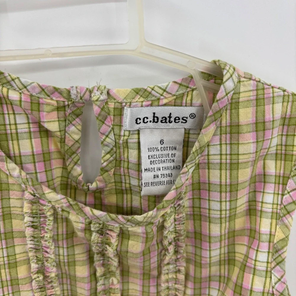cc.bates Plaid Sleeveless Top Kids 6 Green Pink Ruffle Smocked Peplum Blouse